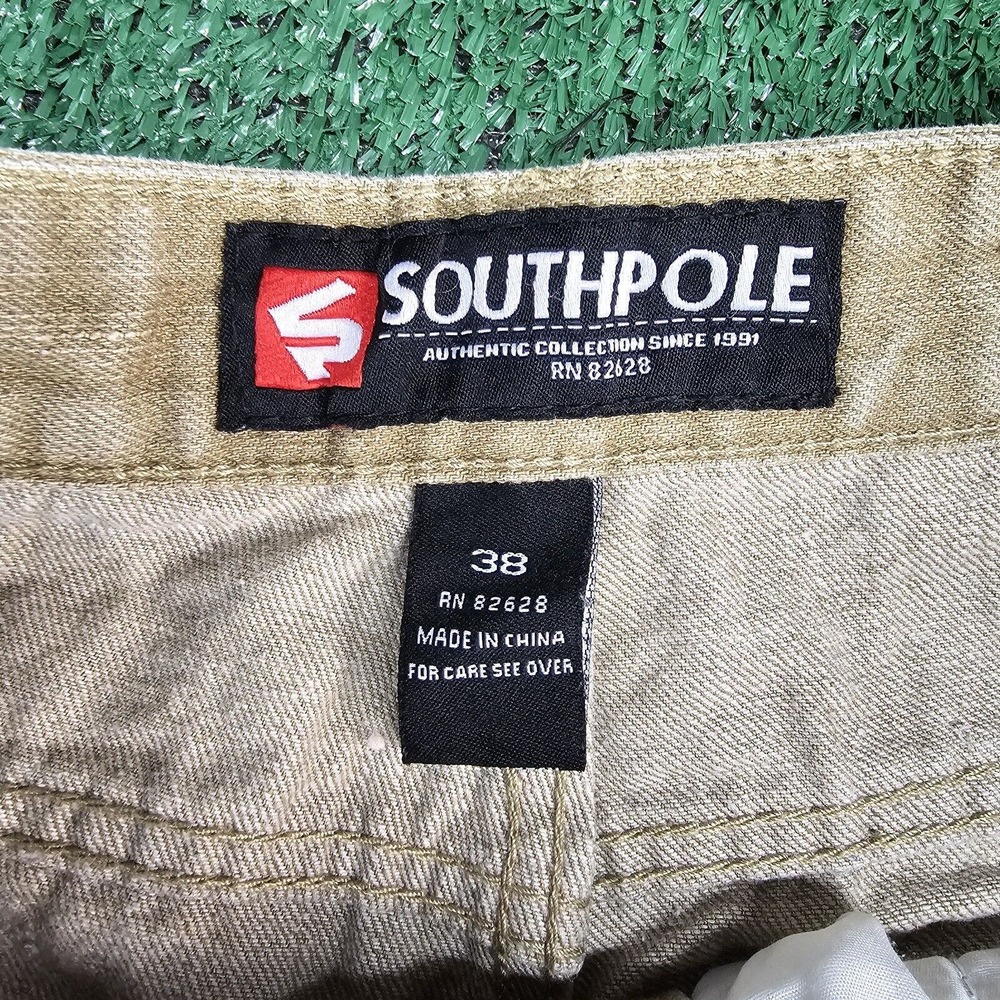 VINTAGE Southpole Jeans Mens 38x29 Khaki Denim Faded Y2K Logo Urban Skater Baggy - Picture 4 of 9